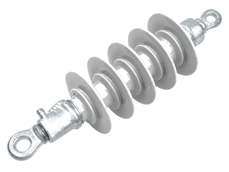 Composite and porcelain insulators with crossarm fittings laid out for overhead line installation