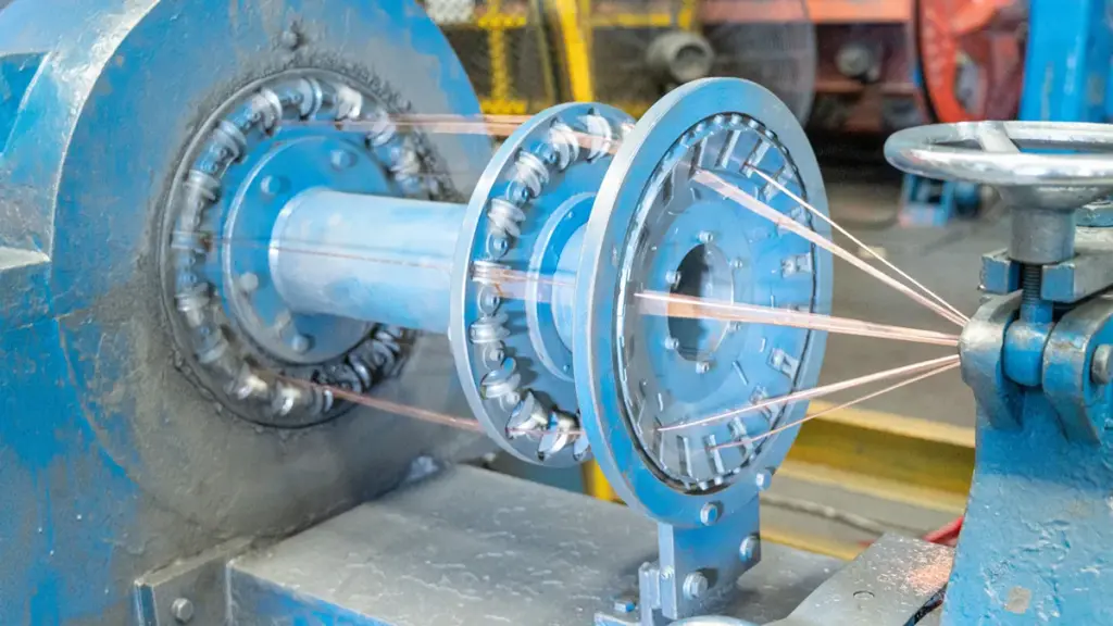Industrial wire drawing machine processing multiple copper strands inside factory