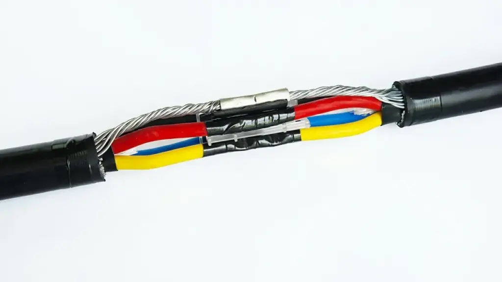 Close up of heat shrink cable joint with exposed colorful wires