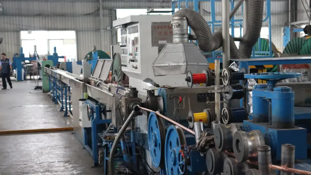 Industrial cable insulation extrusion production line in a manufacturing factory