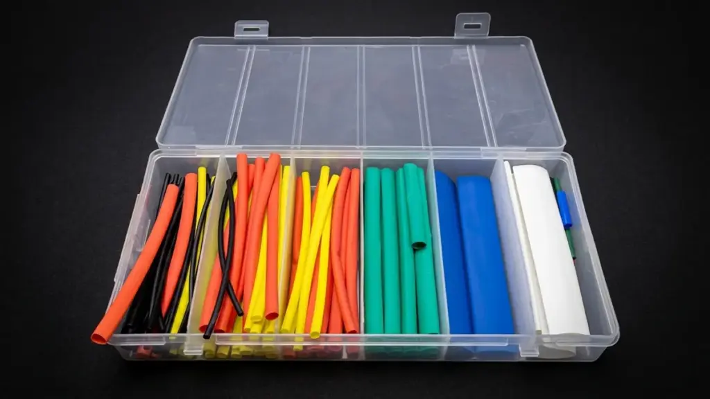Plastic organizer box filled with colorful heat shrink tubing sleeves