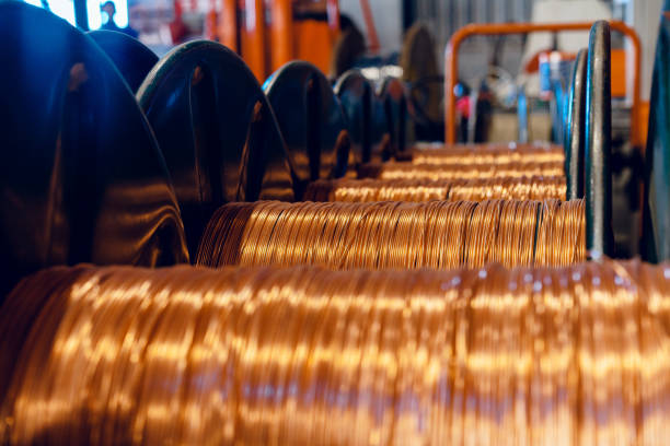 Production of copper wire, cable in reels at factory.