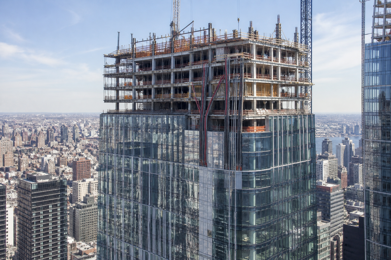 Towering glass-facade commercial skyscraper in a city center under construction