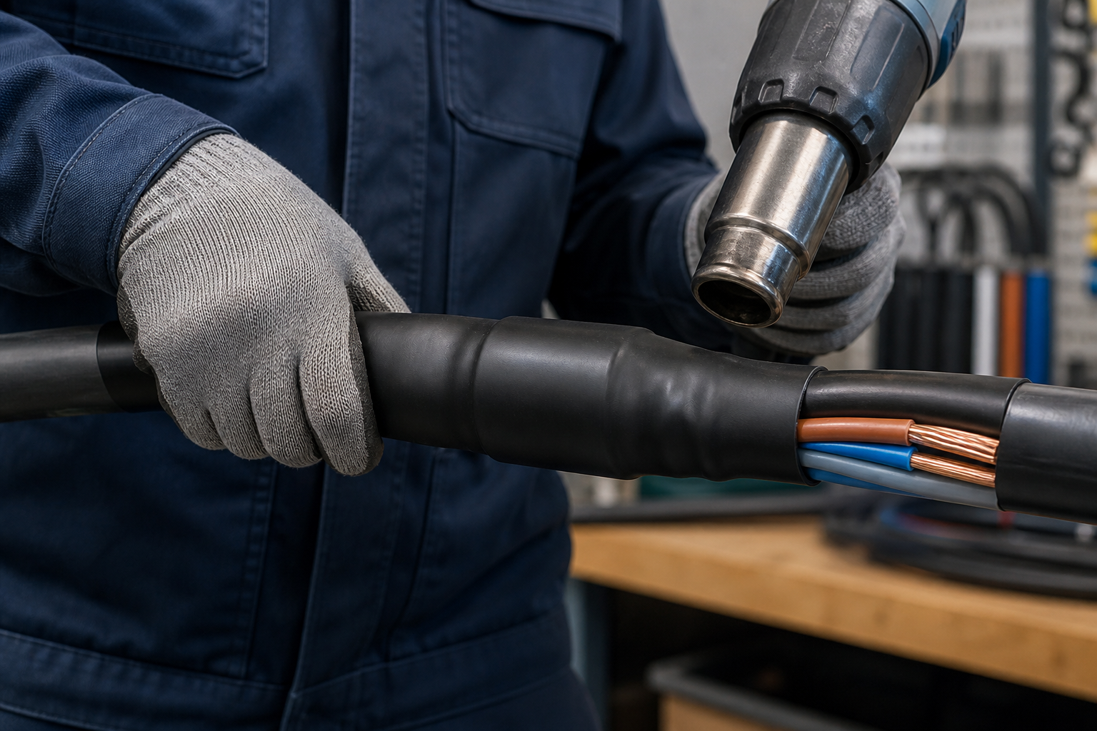 Electrician installing a heat-shrink termination on a power cable
