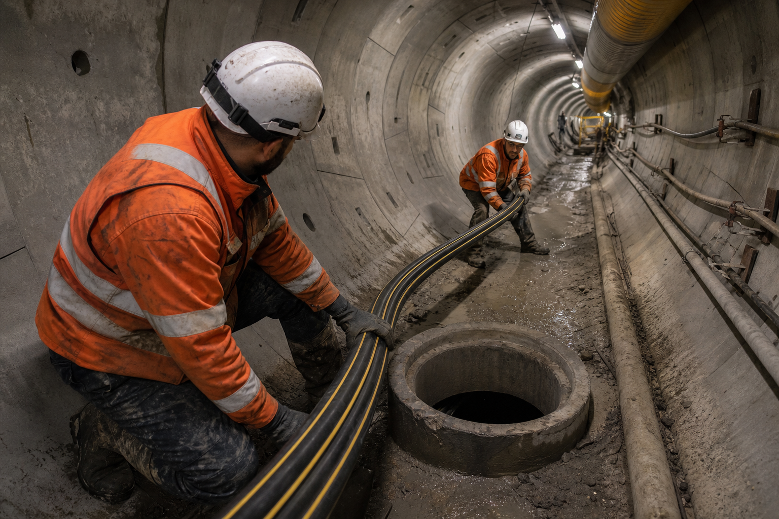 Heavy-duty optical fiber cable being fed into an underground conduit