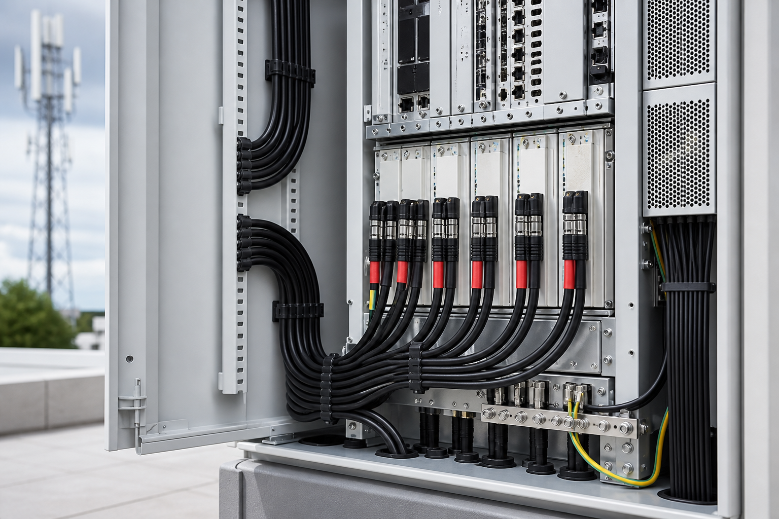 Flexible power cables routed into a telecommunications base station cabinet