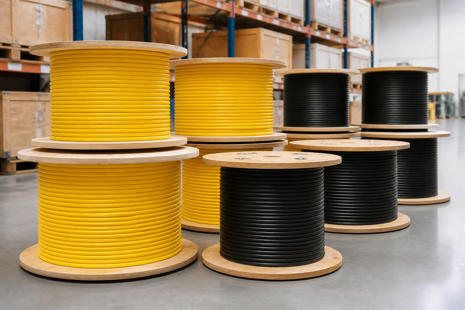 Multiple spools of yellow and black optical fiber cables ready for deployment