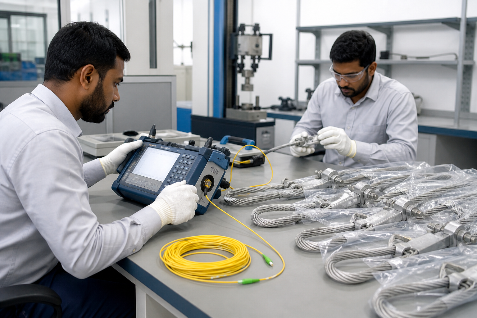Engineers testing optical fiber attenuation beside packaged aerial tension fittings