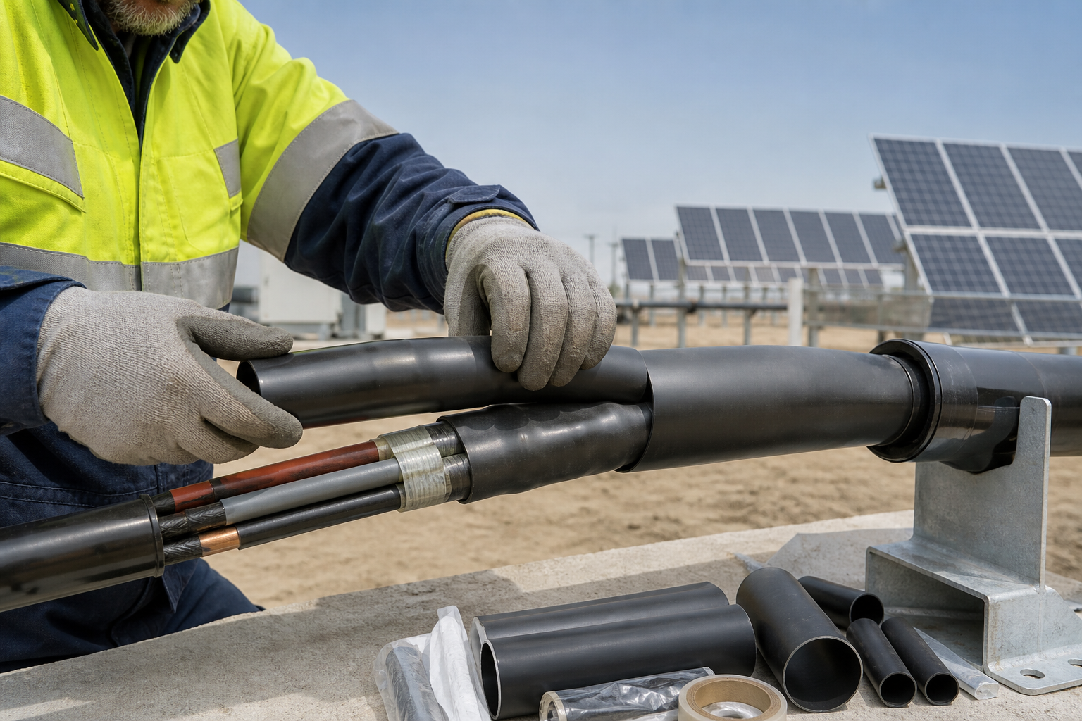 Electrician installing a heat-shrink termination on an outdoor cable