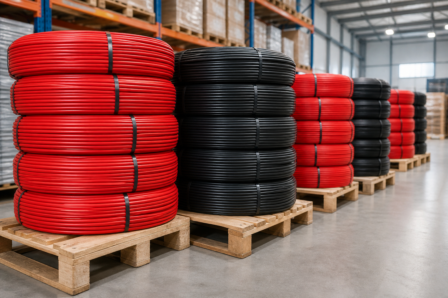 Coils of red and black UV-resistant solar PV cables on wooden pallets