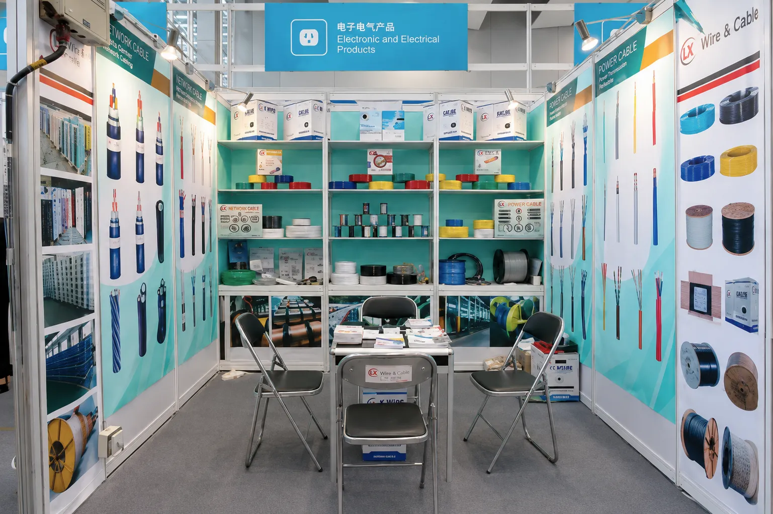 LX Cable exhibition booth displaying power, network, and electrical cable products for visiting buyers