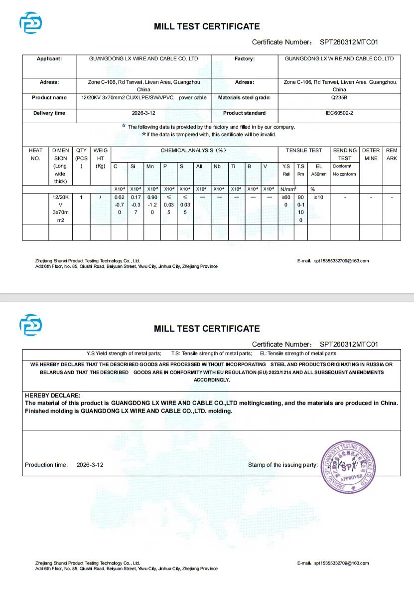 Mill Test Certificate 12/20kV